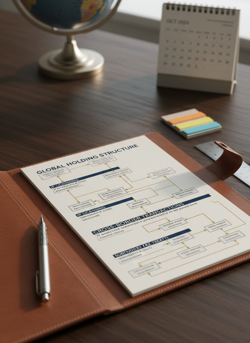 A close-up of an elegant, dark wooden desk surface with a subtle grain, featuring an open, premium-quality leather portfolio. Inside, neatly arranged pages show a sophisticated international tax planning flowchart, with headings in deep navy and fine lines in muted gold. A silver mechanical pencil lies diagonally across the margin, next to a slim metal ruler and a stack of color-coded sticky tabs. In the background, softly out of focus, a globe with a brushed metal stand and a minimalistic calendar hint at long-term strategy. Warm, indirect afternoon light from an unseen window creates gentle highlights on the portfolio’s edges. Photographic realism with a shallow depth of field, eye-level composition, and a calm, focused atmosphere emphasizing precision and expertise.