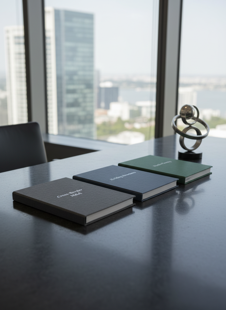 A polished, dark stone tabletop in a modern office setting, holding three carefully aligned, closed deal folders labeled "Cross-Border M&A", "Holding Structures", and "Wealth Planning" in understated silver lettering. Each folder is a different rich, muted tone: deep charcoal, midnight blue, and forest green, all with a fine linen texture. Beside them rests a sleek, minimalist metal sculpture suggesting interconnected rings, symbolizing global structuring. Background elements include softly blurred floor-to-ceiling windows with an indistinct view of an international financial district. Cool, diffused daylight creates subtle reflections on the stone surface and soft shadows around the folders. Shot from a low, oblique angle in photographic realism, with strong linear composition, the scene feels disciplined, high-end, and strategically coordinated.